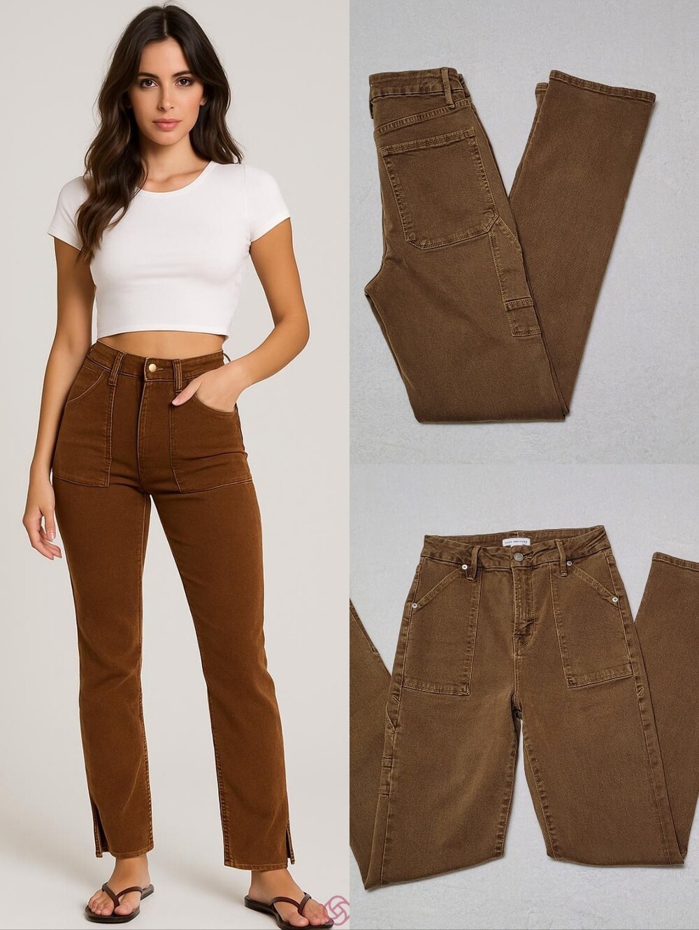 Good American Good Boy Russet Brown Stretch Hem Slit High Waisted Cargo Jeans 25